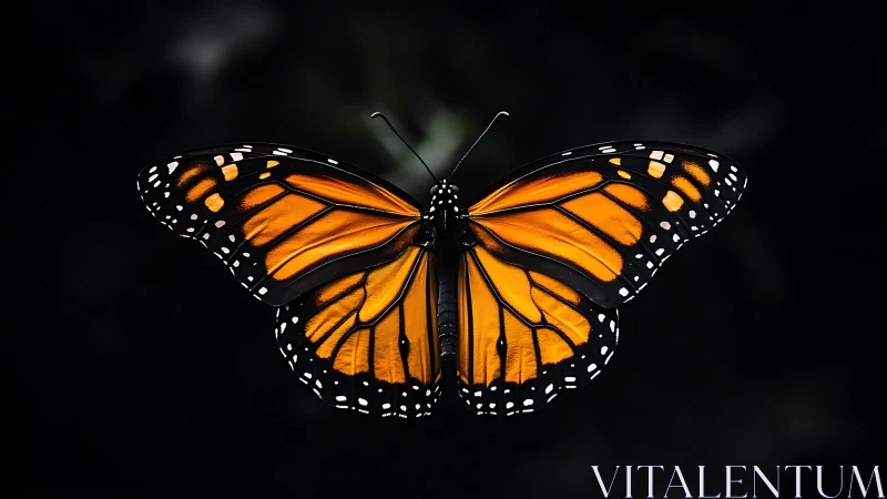Bright monarch butterfly rests in calm, velvety darkness