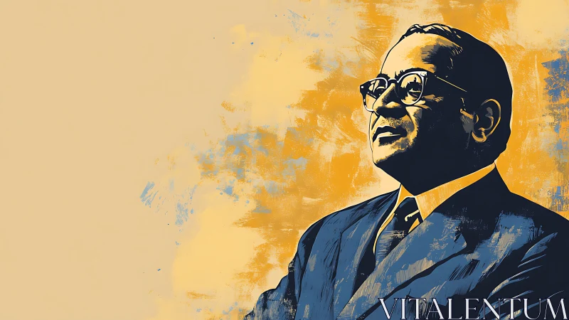 Stylized portrait of suited man on textured yellow background.