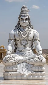 Serene marble Shiva statue in meditative outdoor temple setting.