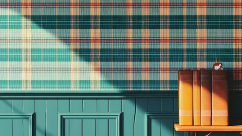 Vintage plaid wallpaper with teal wainscoting and stacked books.