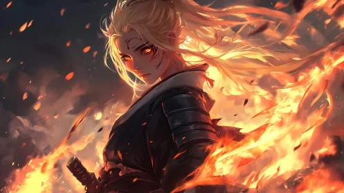 Blonde warrior figure amid swirling flames and embers.
