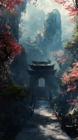 Mistbound mountain temple path beneath drifting blossoms.