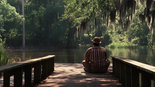 Man in plaid shirt meditates on lakeside wooden dock at dawn.
