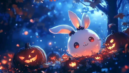 Luminous bun-pumpkin hybrid in spectral Halloween forest.