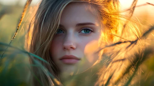 Sunlit portrait of young woman in golden field at dusk.