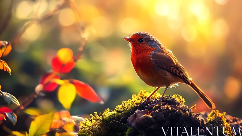 Vibrant Robin Perched on Moss in Sunlit Autumn Forest Scene.