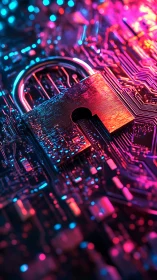 Neon padlock guarding a glittering labyrinth of circuits.