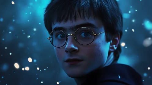 Spellbound boy in round glasses among drifting blue embers.