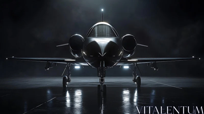 Sleek business jet front view under dramatic hangar lights.