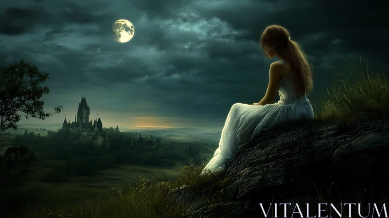 Moonlit dreamer watches a distant castle cradle the valley