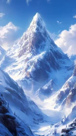 Snow-crowned titan rising into a boundless winter sky.