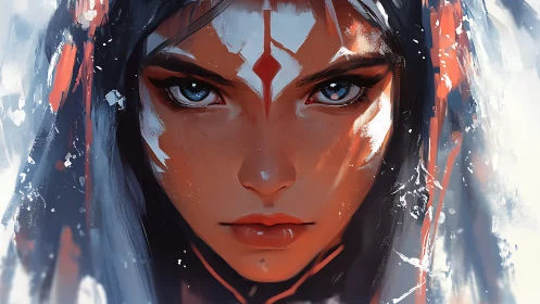 Close-up warrior portrait uses dynamic brushwork and cool palette