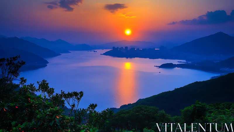 Coastal bay at sunset with distant city and layered hills.