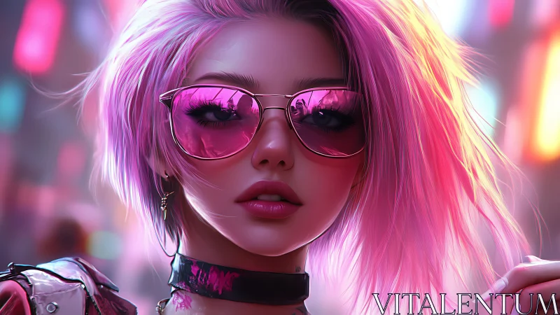 Neon-haired woman in pink visor glasses, cyber glow portrait.