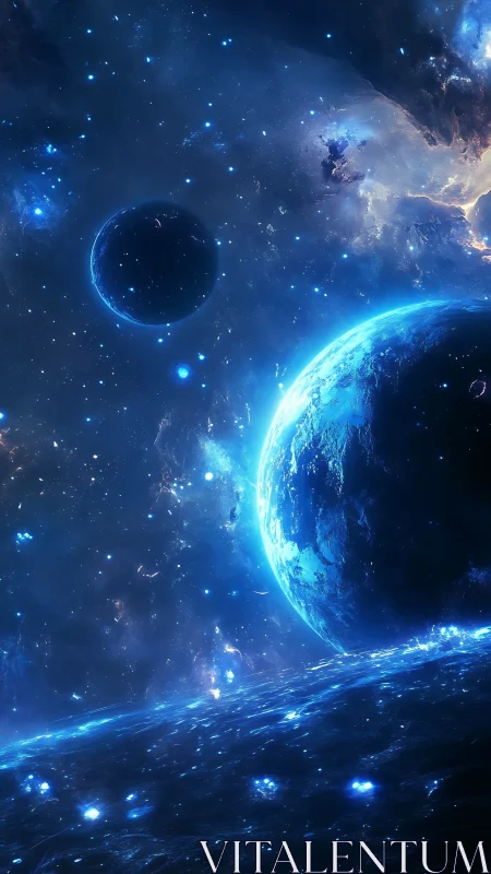 Layered blue planets in luminous deep space scene.