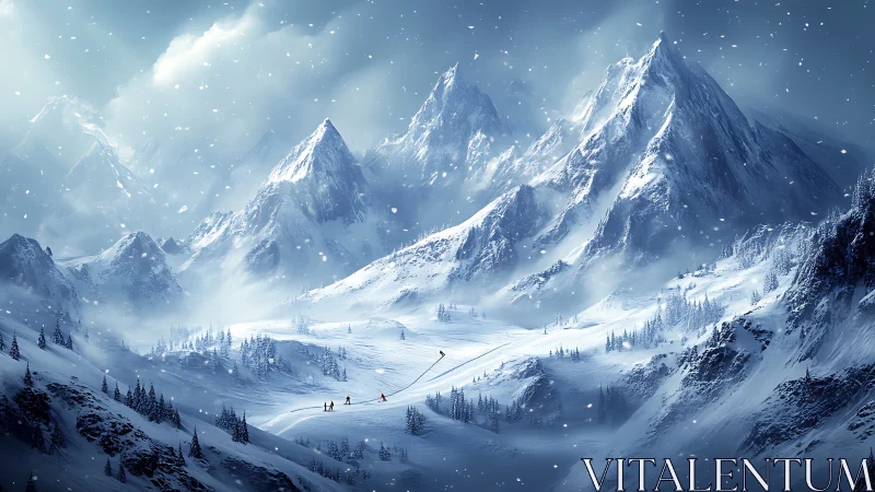 Mountaineers cross storm-swept glacier beneath jagged peaks.