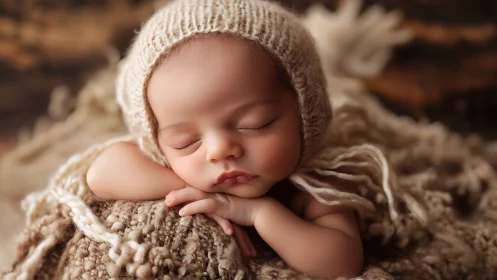 Newborn infant portrait in neutral tones.