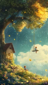 Childhood drifts skyward on a star-bright swing of clouds