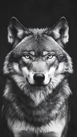 Monochrome frontal wolf portrait emphasizes retinal intensity