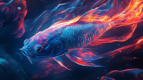 Glowing cosmic koi gliding through embers of liquid light.