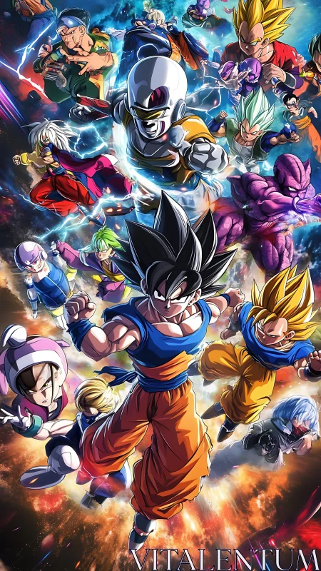 Dynamic anime heroes surge through cosmic battlefield.