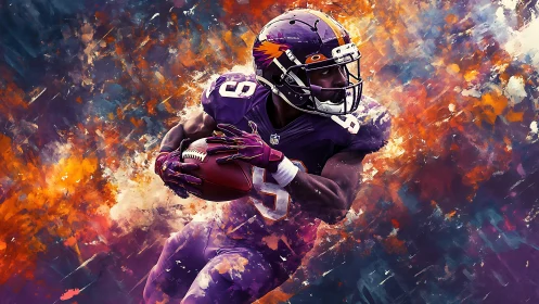 Gridiron player in purple uniform amid abstract colors.