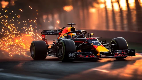 Formula racing car on circuit with rear sparks at sunset.