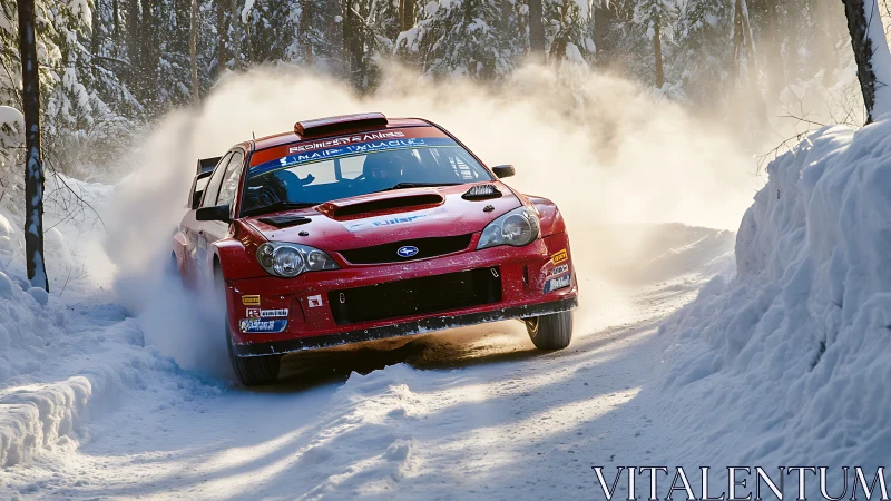 Crimson rally rocket car slicing through sunlit winter snowstorm.