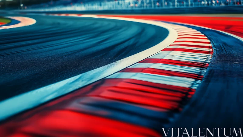 Wet racing circuit apex shows bold red and white curbing