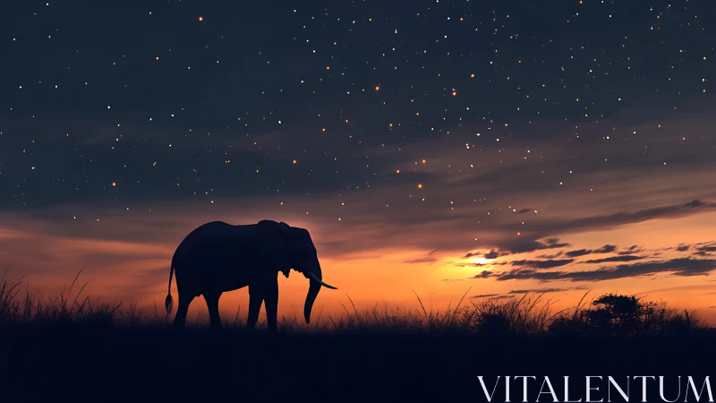 Gentle elephant strolls under a glowing starry savanna sky