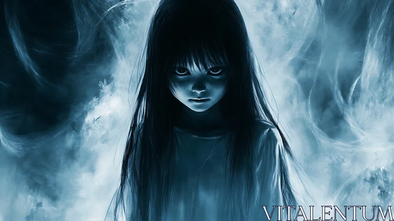 Young figure in long hair amid diffuse smoky surroundings.