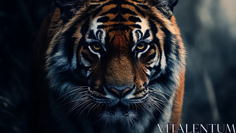 Low-key frontal tiger portrait emphasizes contrast and micro-detail