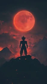 Lone warrior crowned by a burning crimson moonrise sky.