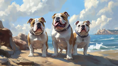 Sunny shore stroll with three cheerful bulldog friends