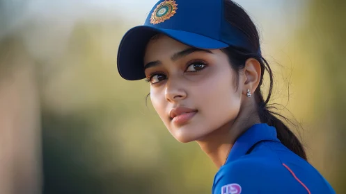 Young female cricket player in blue uniform, natural outdoor portrait.