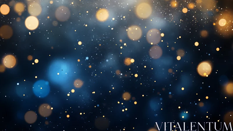 Golden bokeh lights on dark blue blurred abstract background.