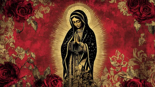 Gilded Madonna icon centered in crimson florals haloed in light.