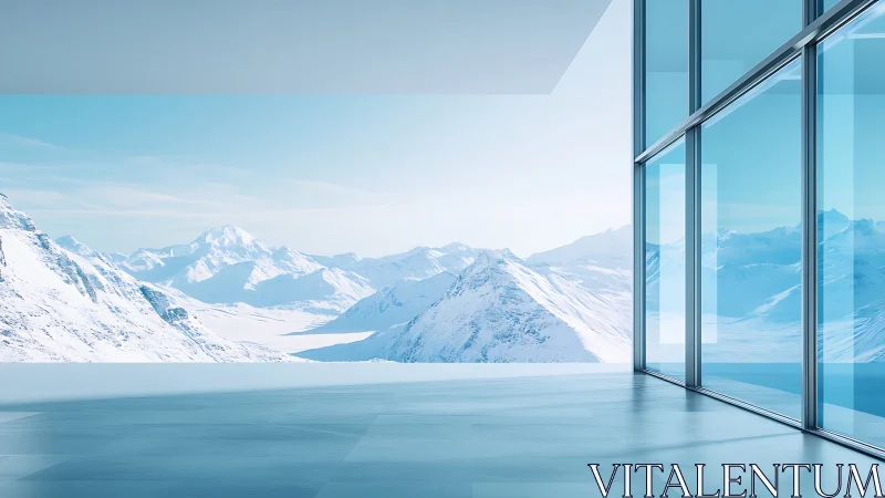 Panoramic glass room overlooks serene snowy mountainscape.