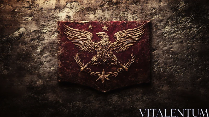 Weathered heraldic eagle emblem on distressed crimson banner.