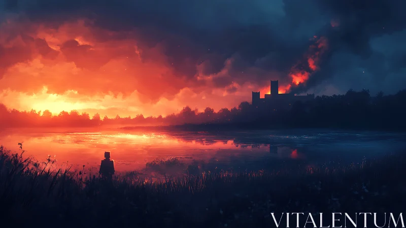 Incendiary lakeside horizon with silhouetted burning fortress.