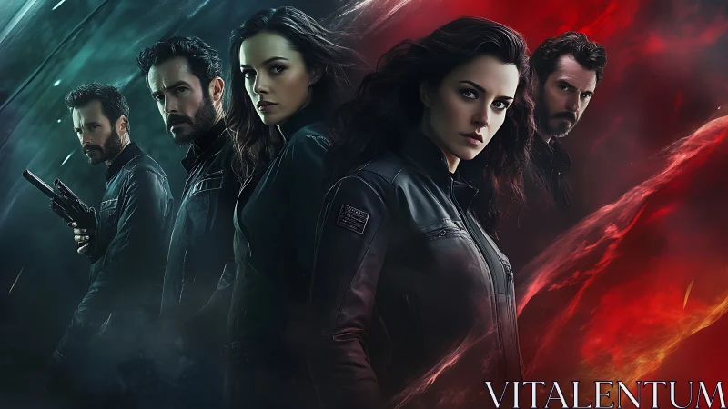 Shadowy tactical team stands amid swirling teal and red light.