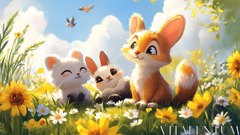 Playful meadow critters basking in sunshine and wildflowers.