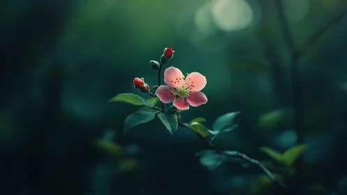 Solitary pink blossom glowing in a deep forest bokeh field.