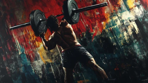 Male weightlifter holding barbell against abstract backdrop.