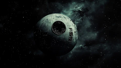 Stark battle station drifts alone in a brooding starfield.