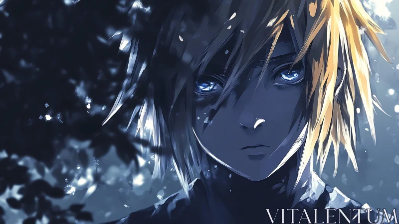 Storm-lit anime boy gazes ahead with haunting blue eyes