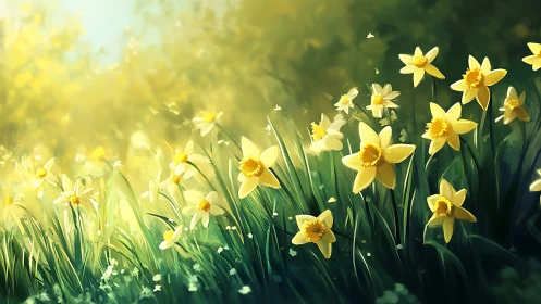 Spring daffodil field with bright yellow flowers and green foliage