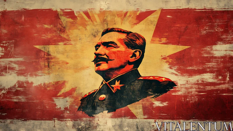 Heroic military portrait set against distressed red starfield.