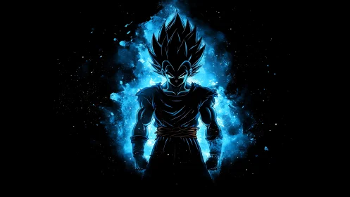 Electric blue warrior glowing with cosmic anime energy.