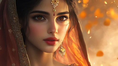 Digital painting portrait with warm bokeh and jeweled veil focus.